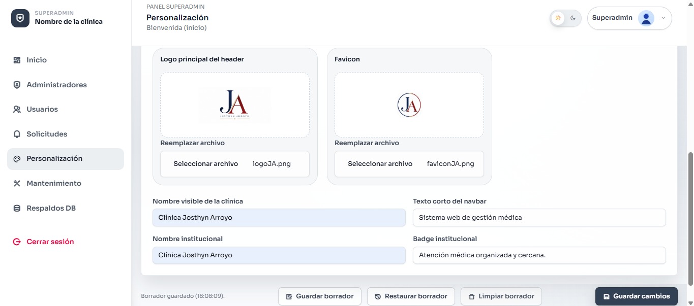 Personalización white-label de una clínica en JA MedSys